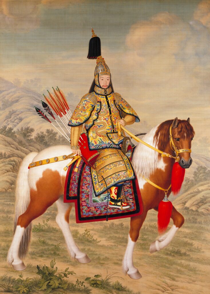 Portrait of Qianlong Emperor in his ceremonial armor on a horse. The portrait is majestic with a mountain in the background. The focus is on Qianlong with realistic features and an emphasis on background. He seems to be hunting.