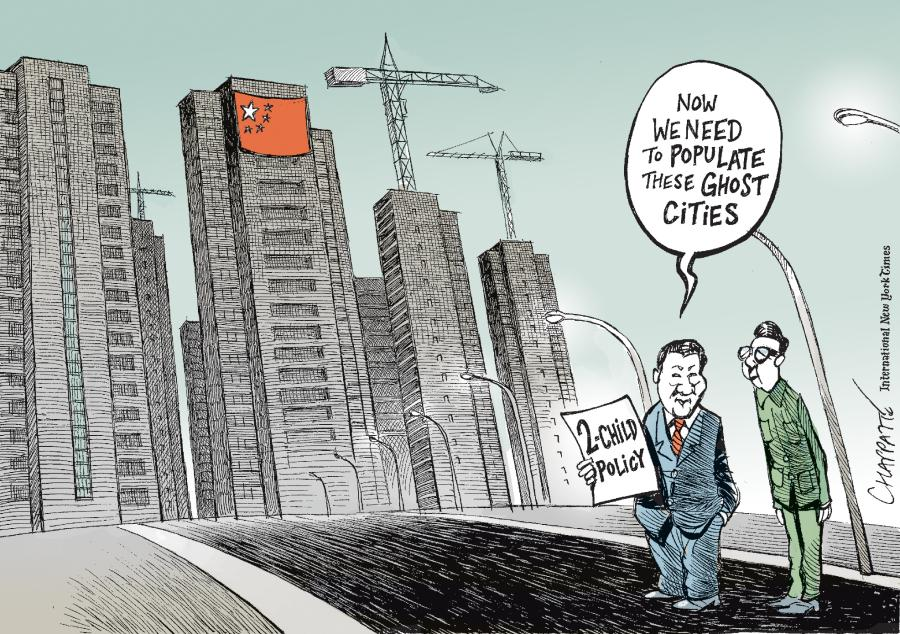 There are barren skyscrapers and one of them is draped with the Communist flag. President Xi is holding a paper saying 2 child policy because there's no one to live in those towers. 